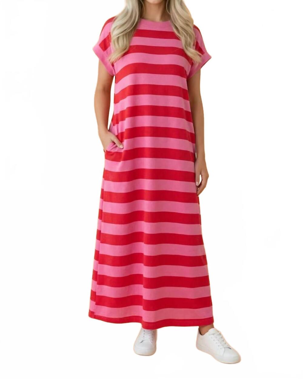 NEW PRETTY BASH cuffed t-shirt long dress in rose stripe
